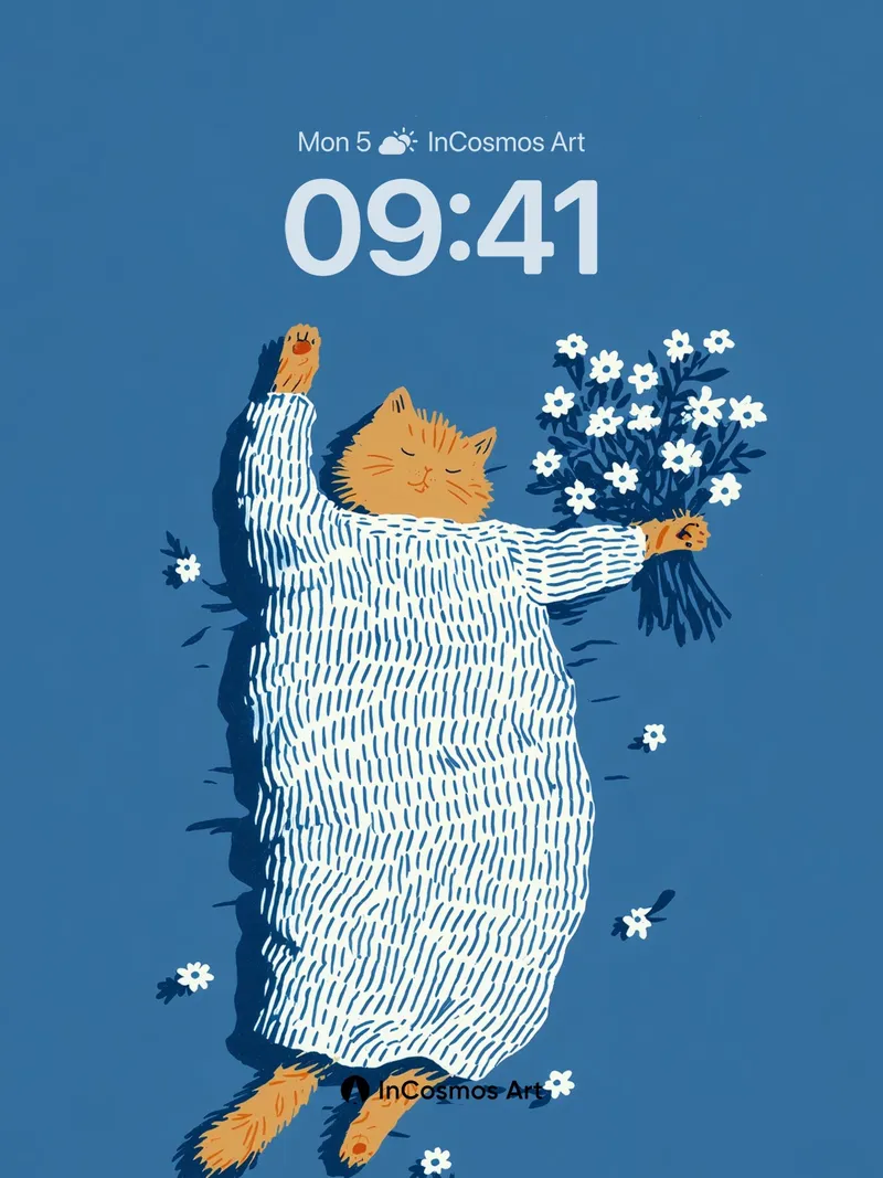 Serenity Striped Wallpaper with Floating Cat