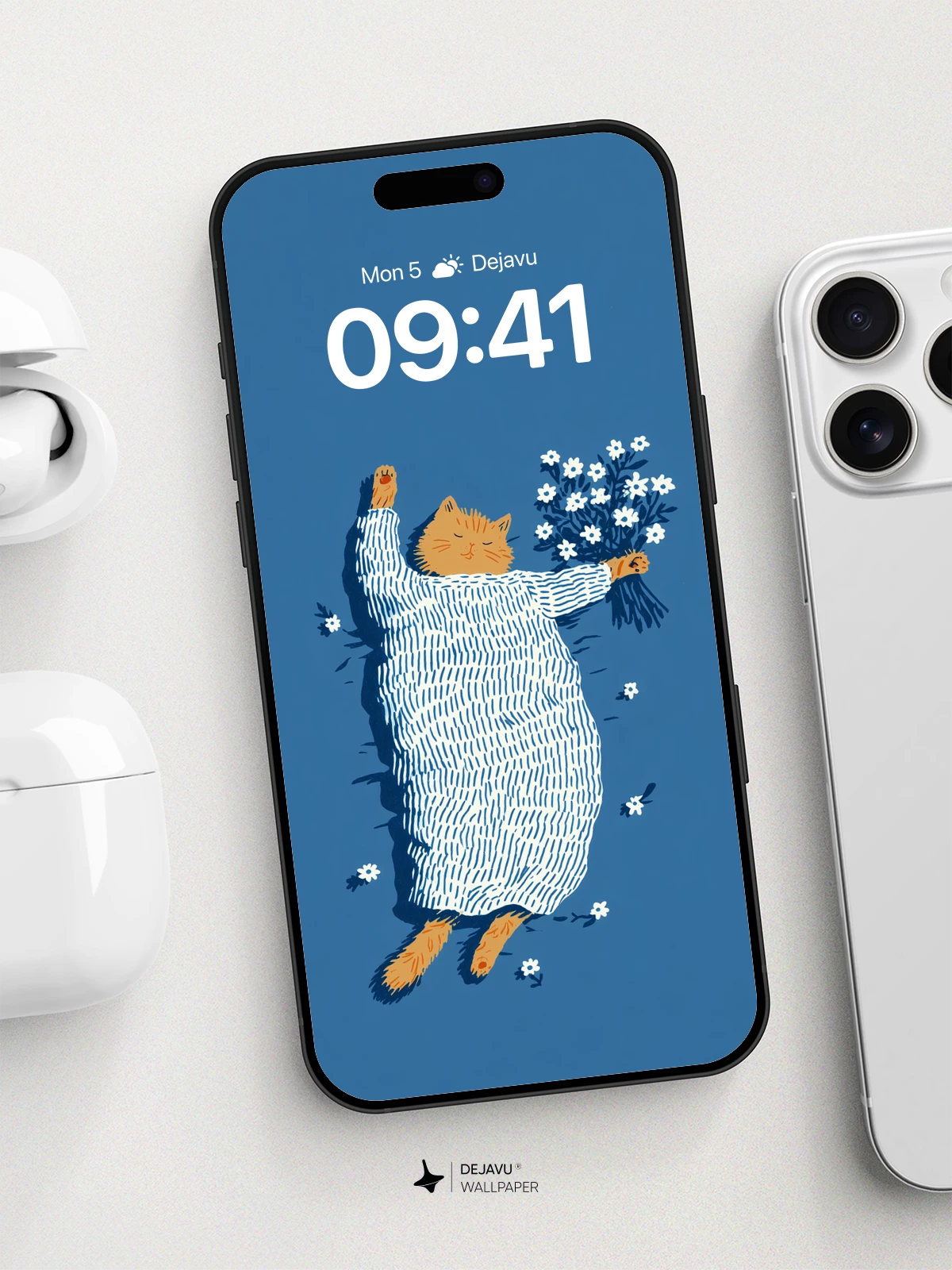 Dreamy Cat in Striped Blanket Wallpaper 8K for iPhone and Android