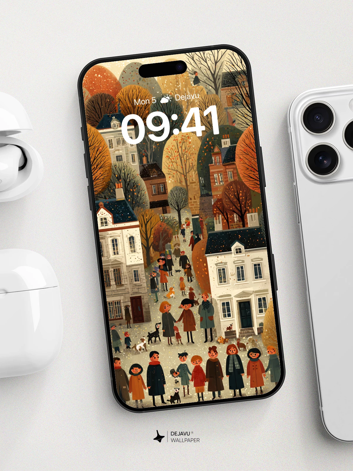 Whimsical Autumn Village Wallpaper 8K for iPhone and Android