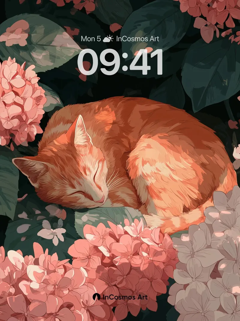 Serenity Bloom Wallpaper with Sleeping Orange Cat