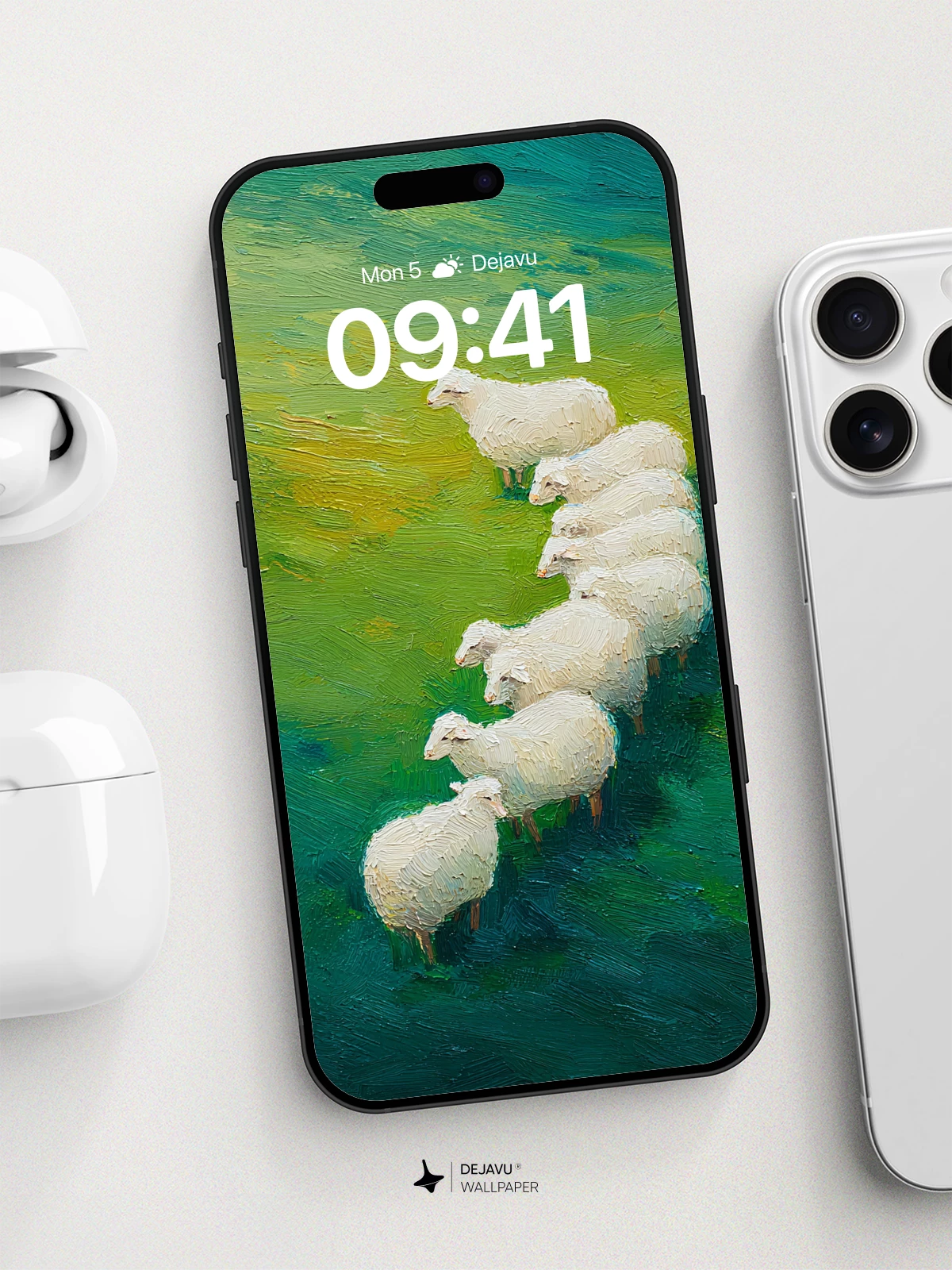 Pastoral Sheep Lineup Oil Painting Wallpaper 8K