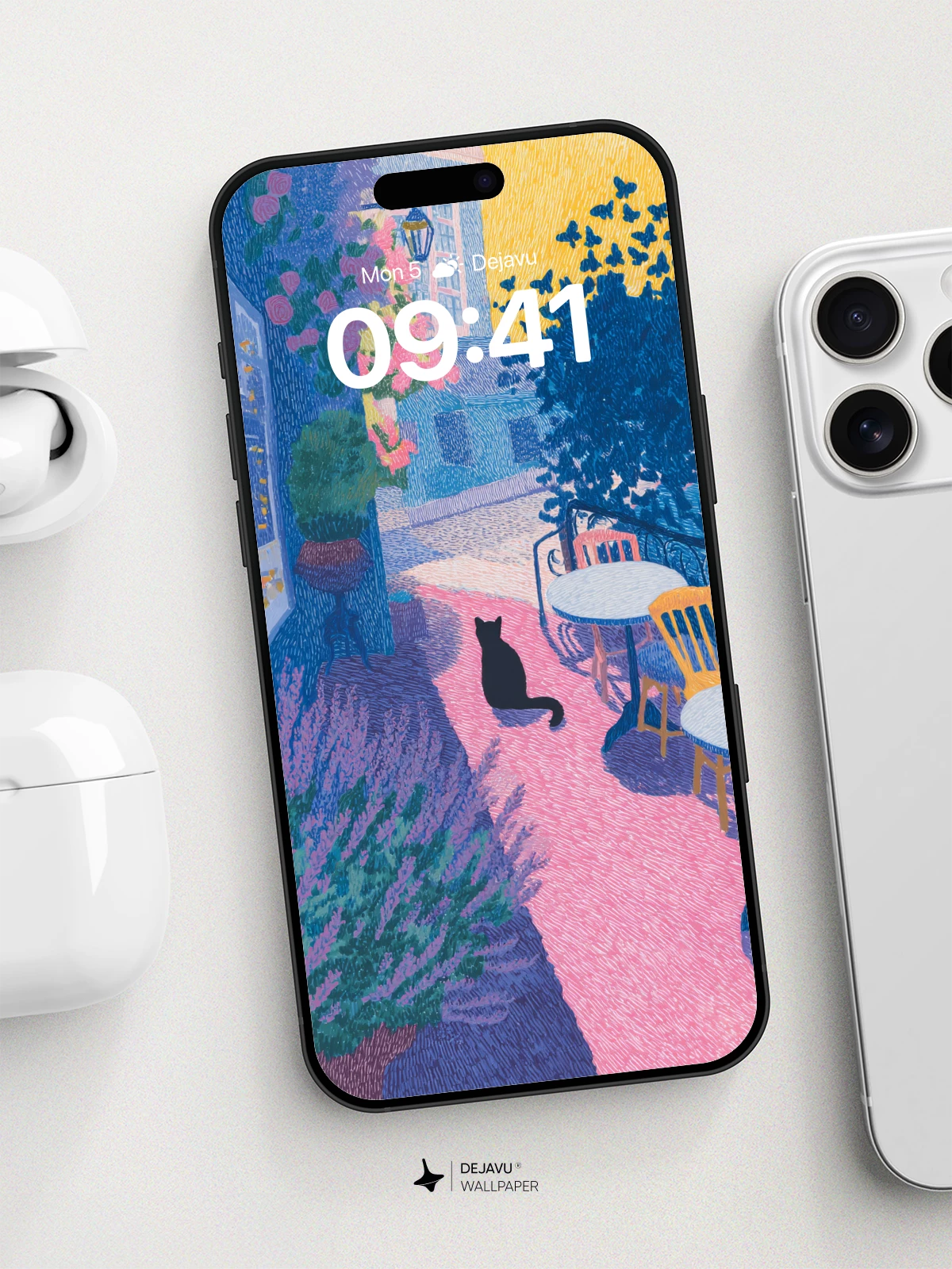 Whimsical Garden Cat Wallpaper 8K for iPhone and Android