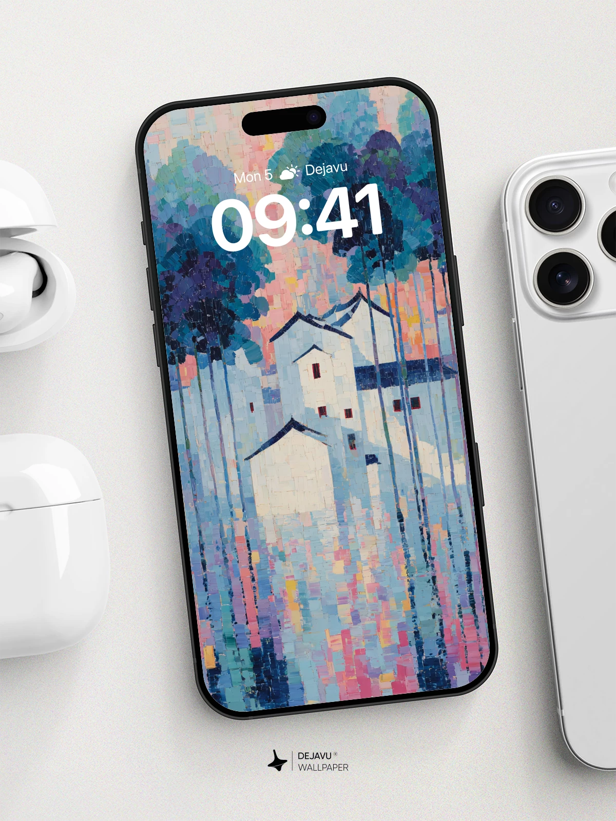 Dreamy Watercolor Village Wallpaper 8K for iPhone and Android