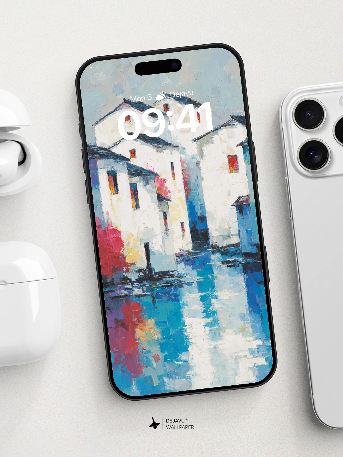 Serene Waterfront Village Wallpaper 8K for iPhone and Android