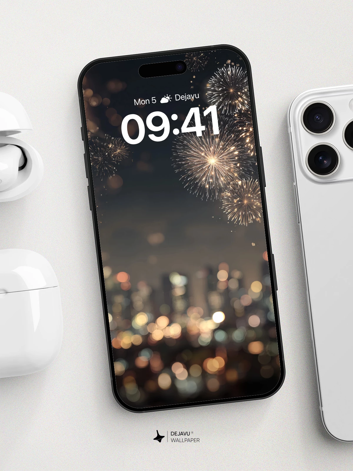 Golden Fireworks Over Cityscape Wallpaper 8K for iPhone and Android