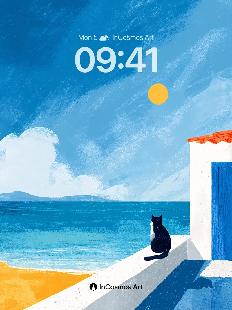 Serenity Seaside Wallpaper with Midnight Cat