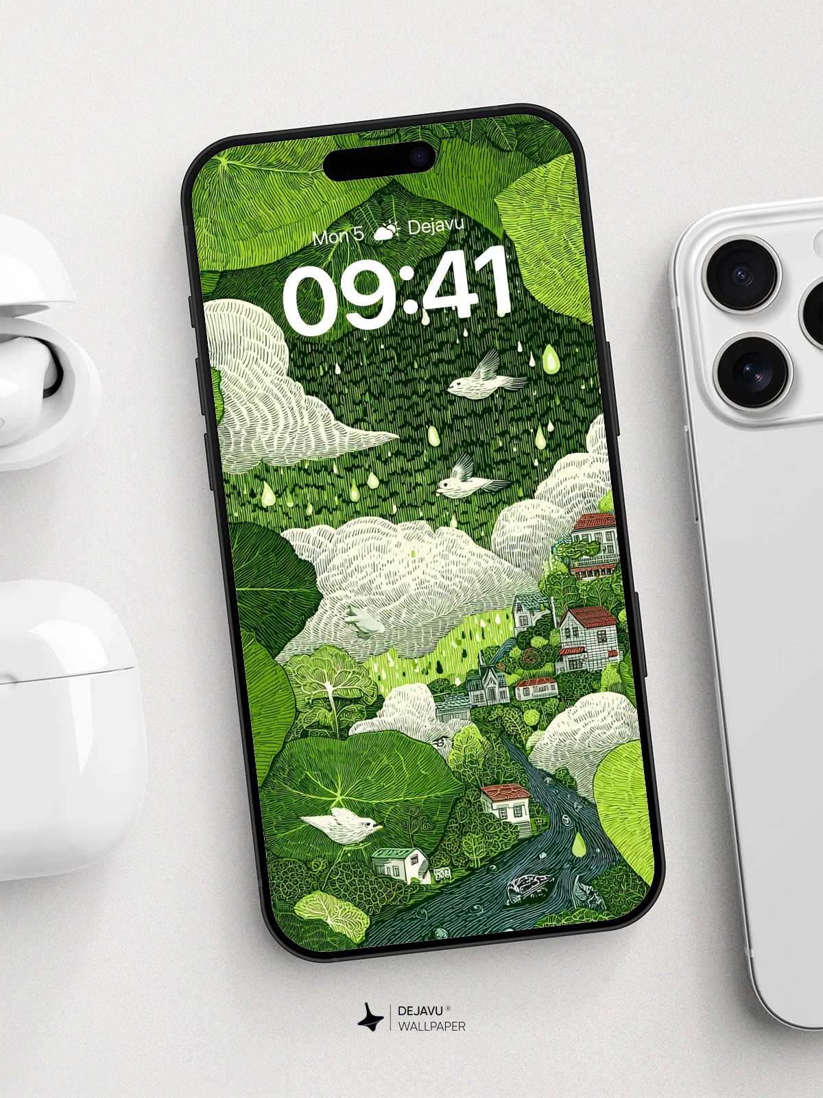 Surreal Green Forest Village Wallpaper 8K for iPhone and Android