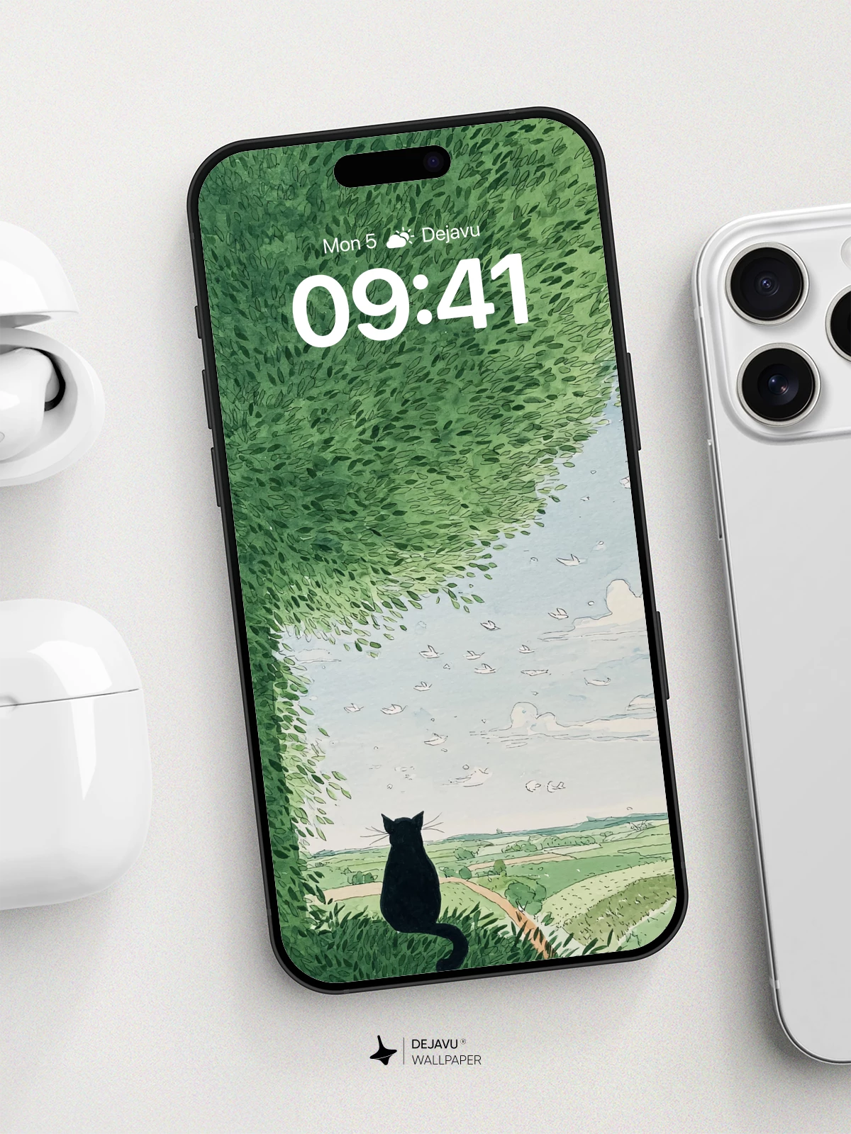 Whimsical Cat Under Canopy Wallpaper 8K for iPhone and Android