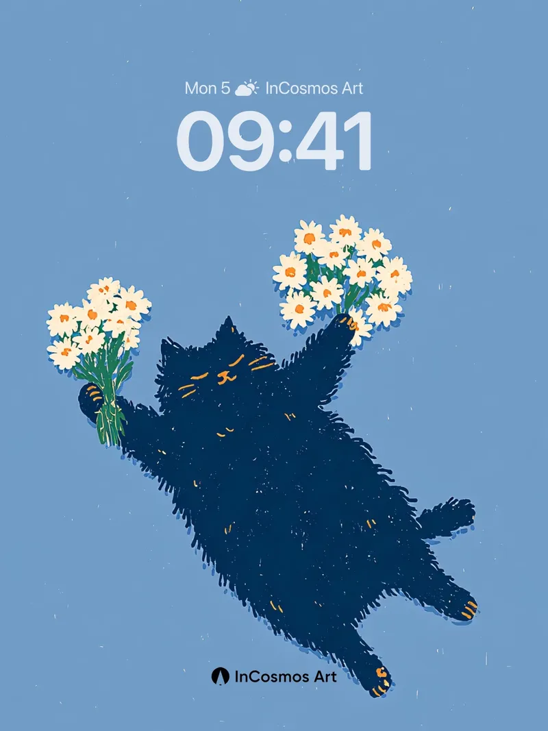 Floating Feline Wallpaper with Daisy Bouquets