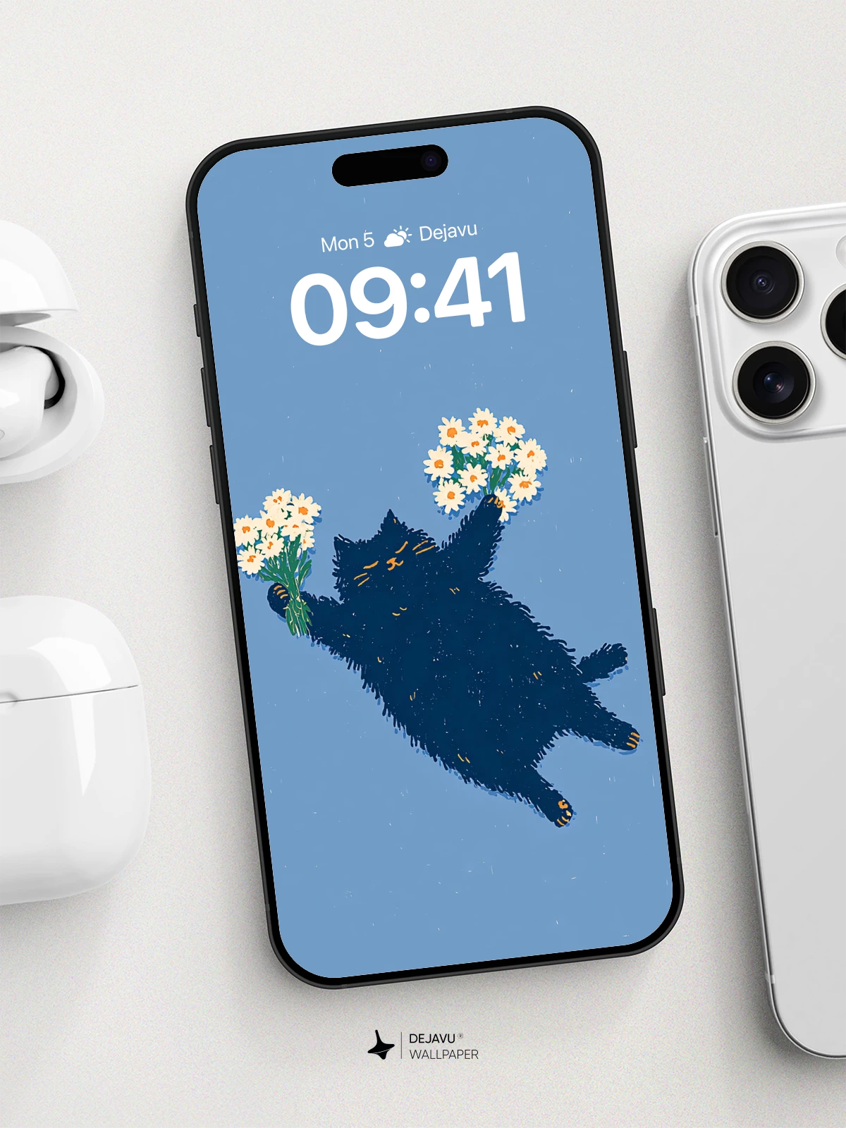 Dreamy Floating Cat With Daisies Wallpaper 8K for iPhone and Android