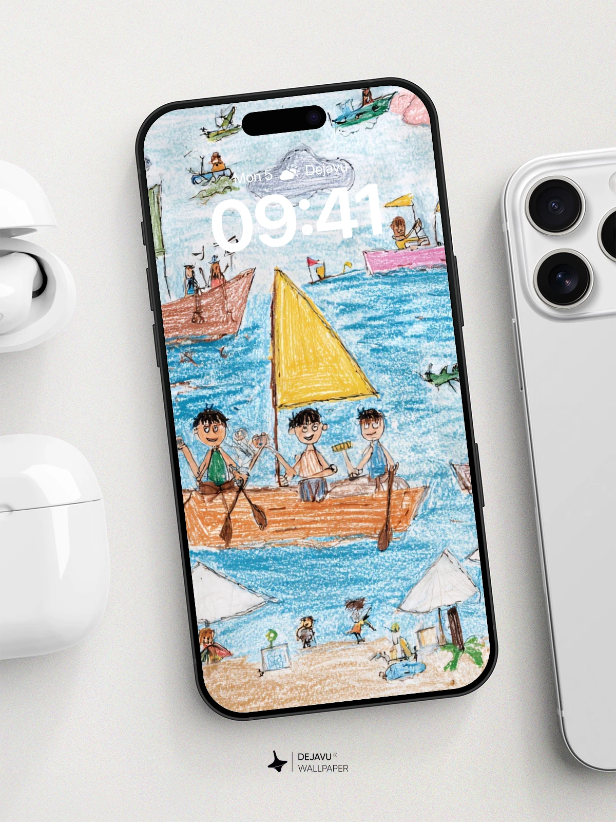 Colorful Beach Boat Scene Wallpaper 8K for iPhone and Android