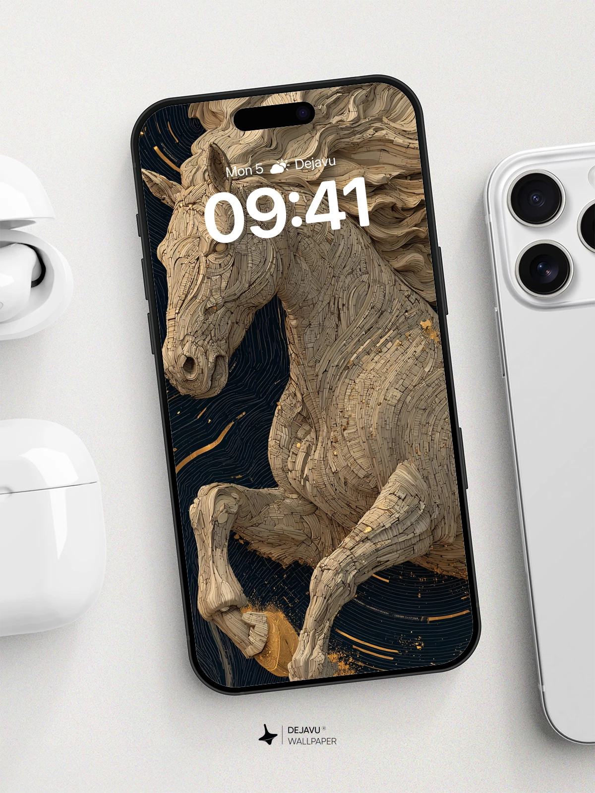 Wooden Horse Sculpture Wallpaper 8K for iPhone and Android