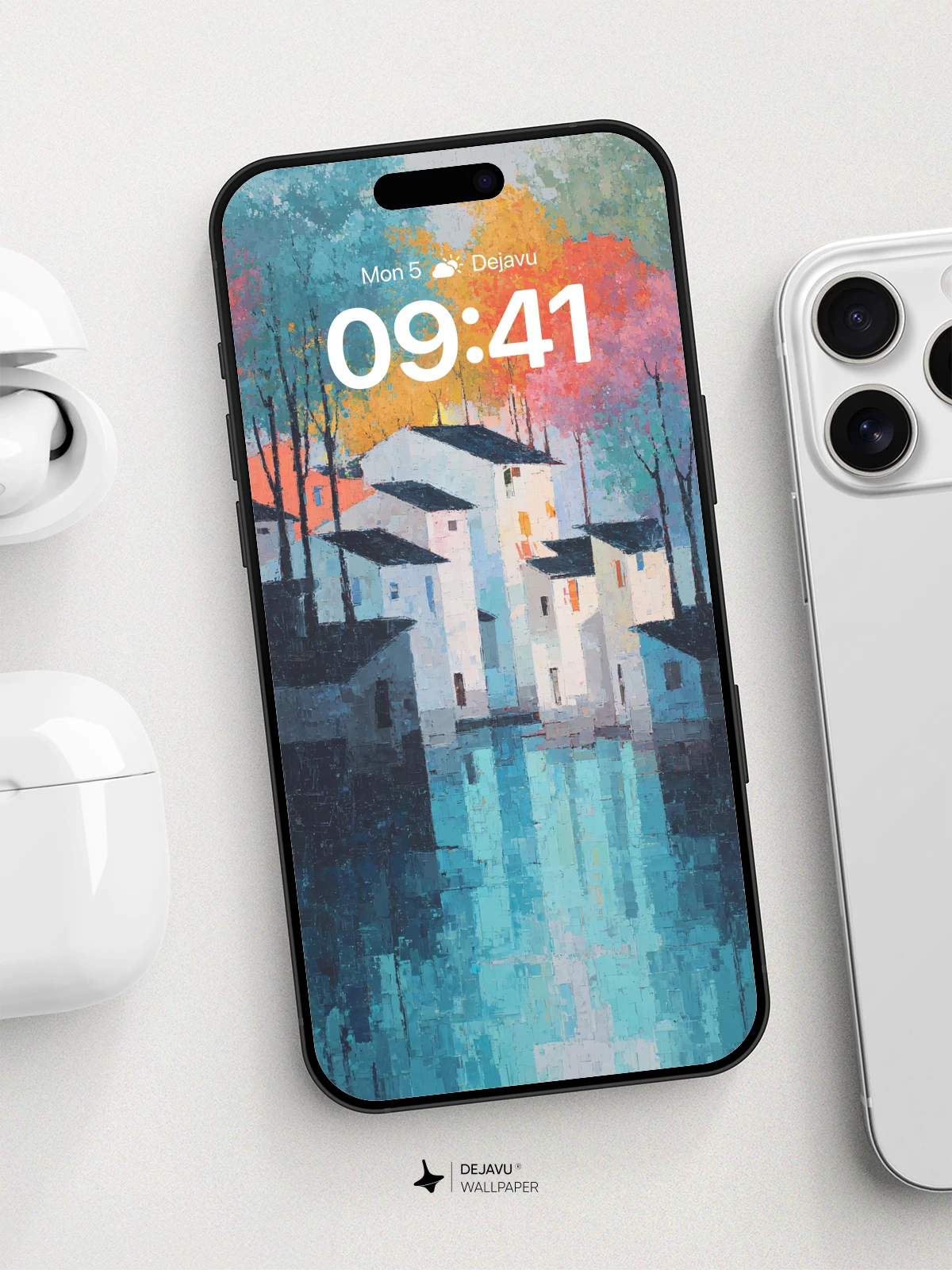 Autumn Reflections Village Wallpaper 8K for iPhone and Android