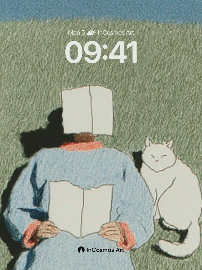 Serenity Reading Wallpaper with Feline Companion