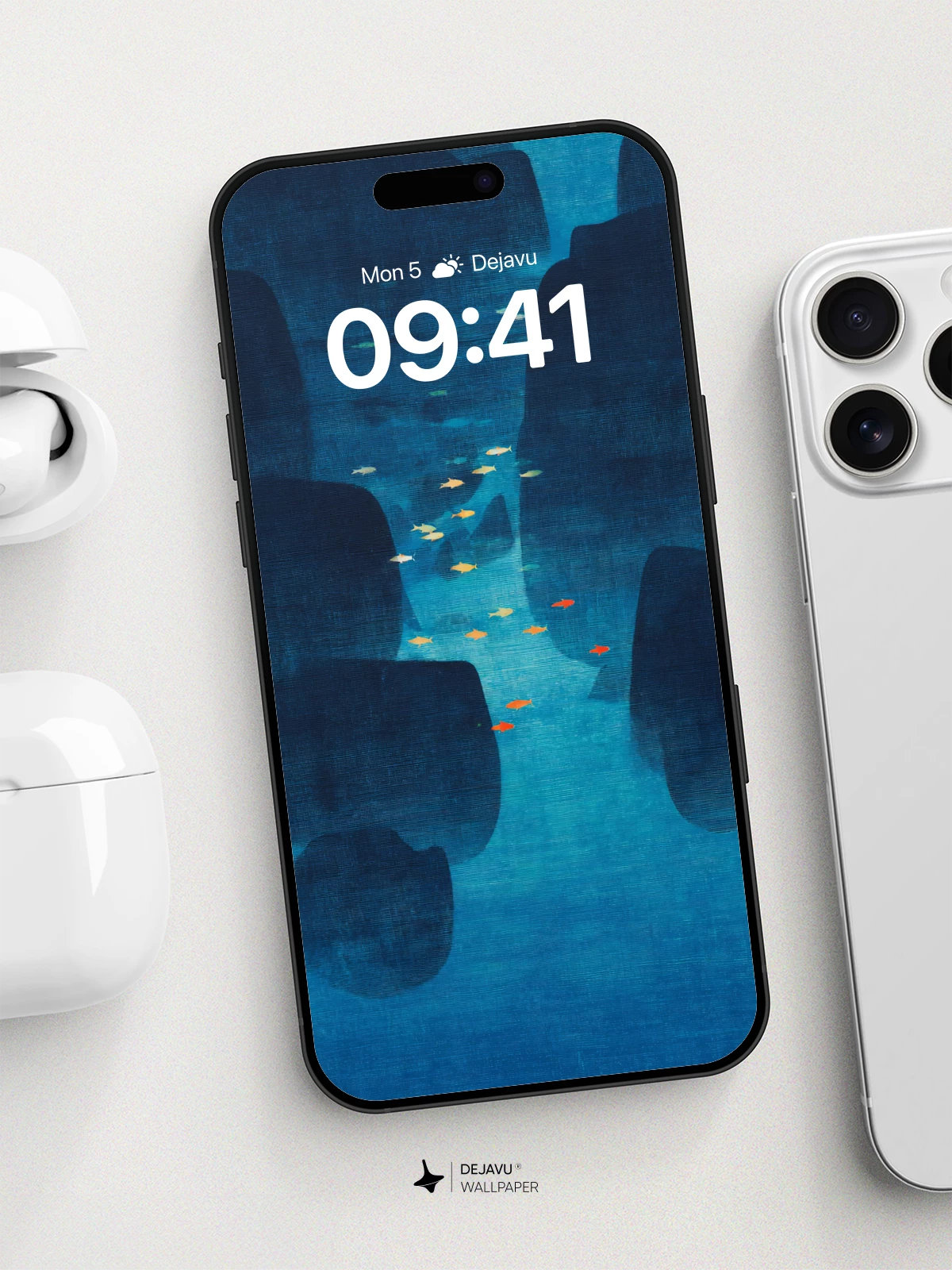 Underwater Canyon Fish Swarm Wallpaper 8K for iPhone and Android