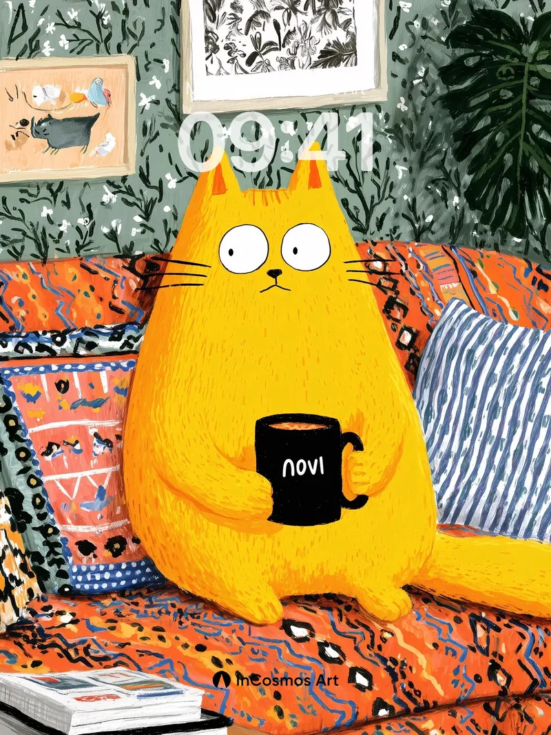 Whimsical Orange Cat Wallpaper with Patterned Couch