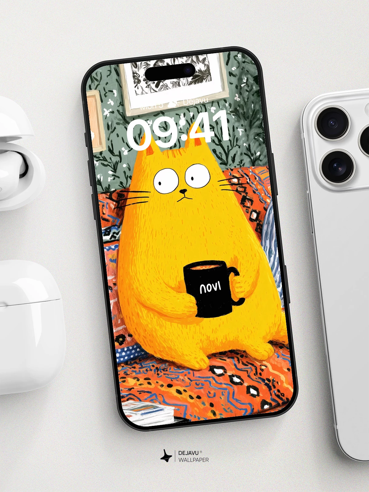 Cute Orange Cat With Coffee Mug Wallpaper 8K for iPhone and Android