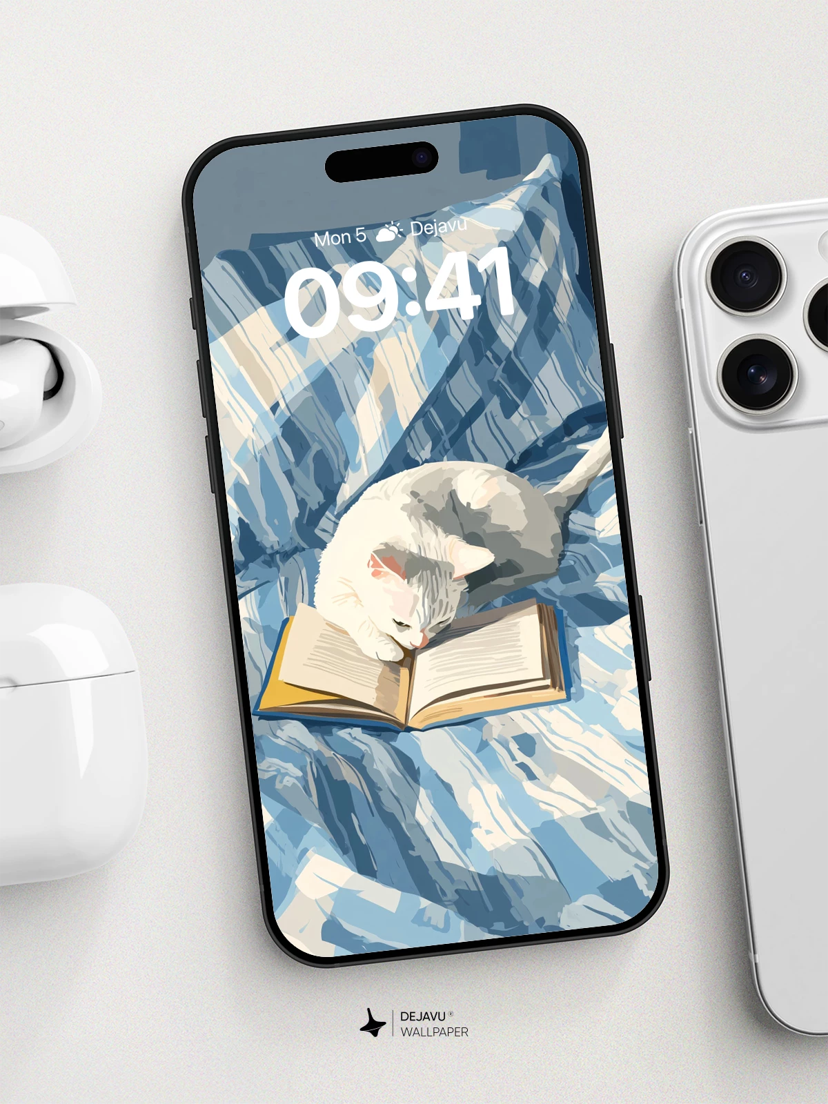 Whiskered Reader Cat Wallpaper 8K for iPhone and Android