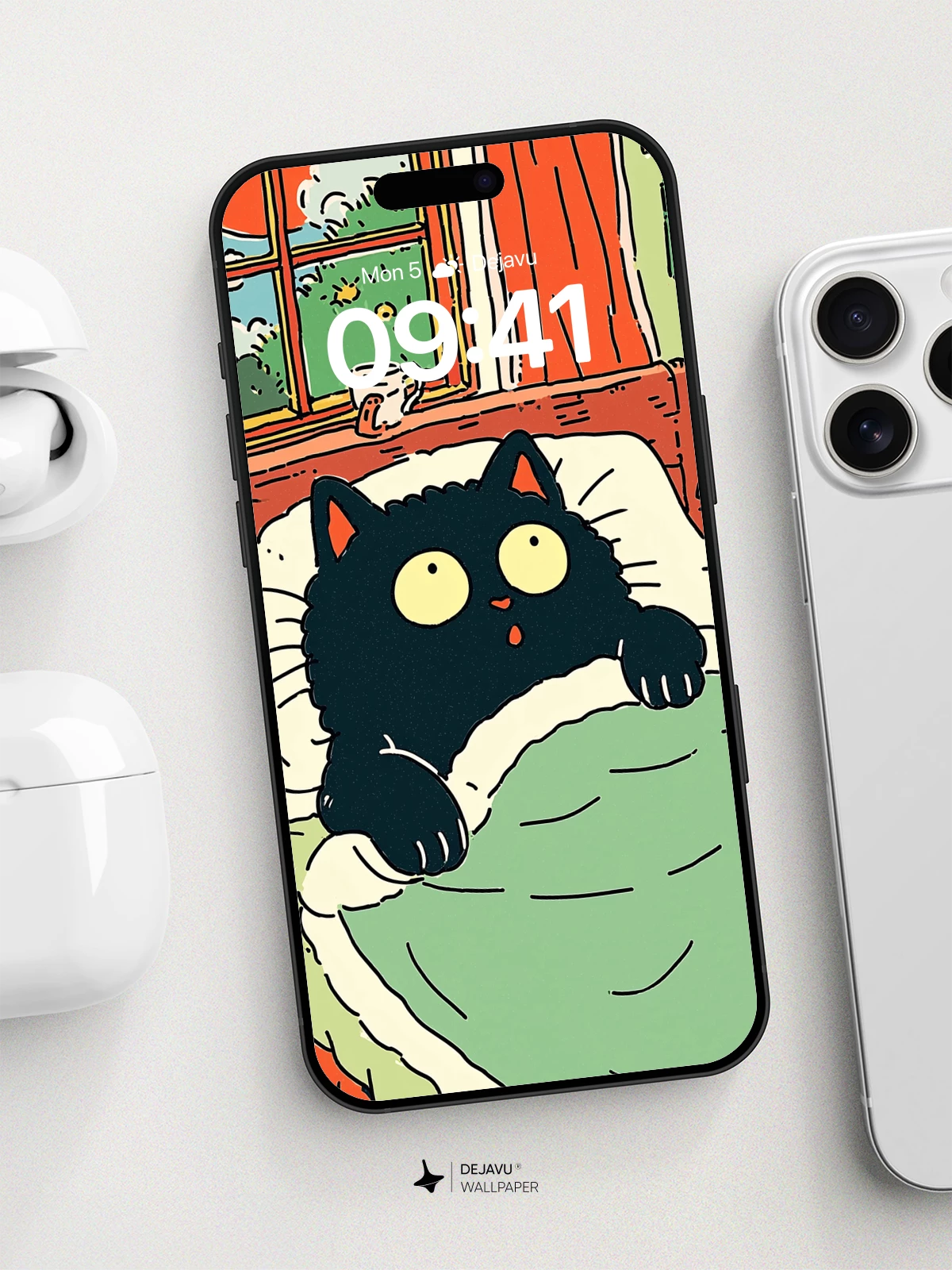 Whimsical Black Cat Bedroom Wallpaper 8K for iPhone and Android