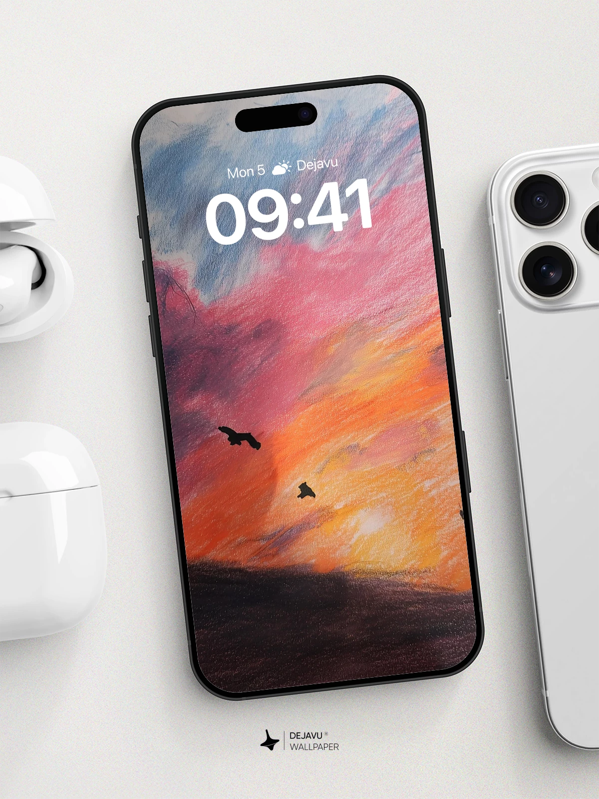 Dramatic Sunset Sky With Flying Birds Wallpaper 8K