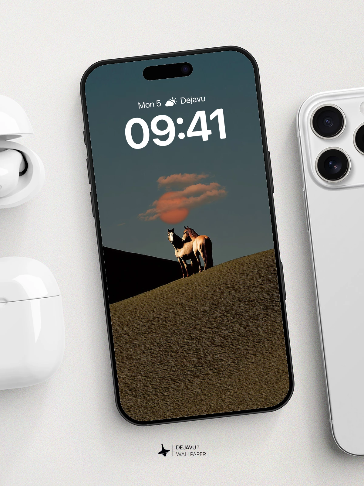 Desert Horses Under Pink Cloud Wallpaper 8K