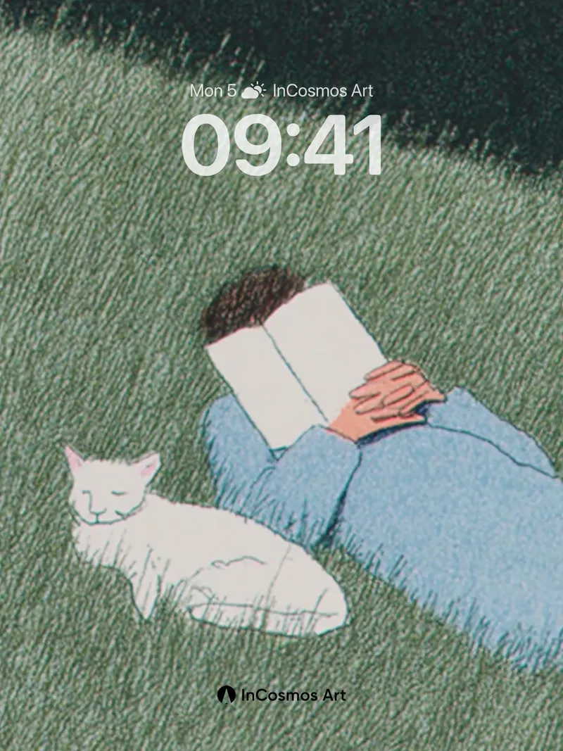 Serenity Reading Wallpaper with Sleeping Cat