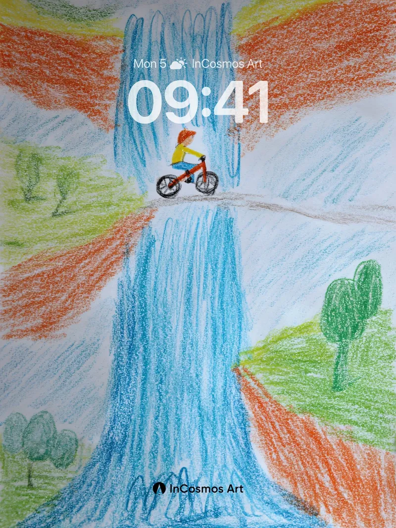 Whimsical Cascade Wallpaper with Cyclist Leap