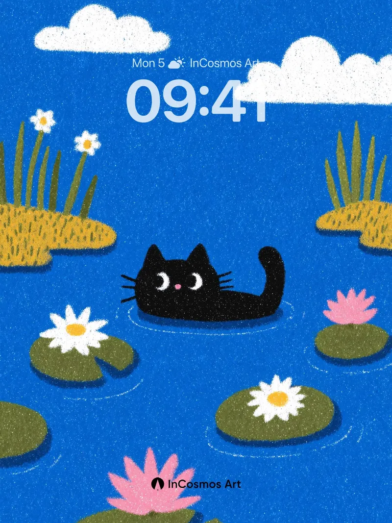 Whimsical Float Wallpaper with Black Cat and Lily Pads