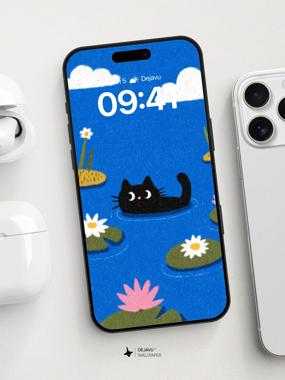 Whimsical Black Cat Floating in Lily Pond Wallpaper 8K