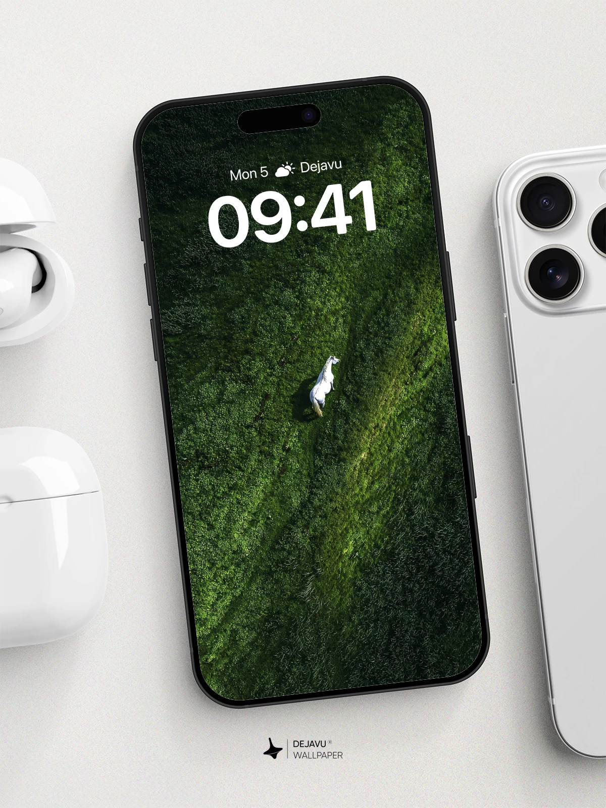 Aerial White Horse in Lush Green Field Wallpaper 8K