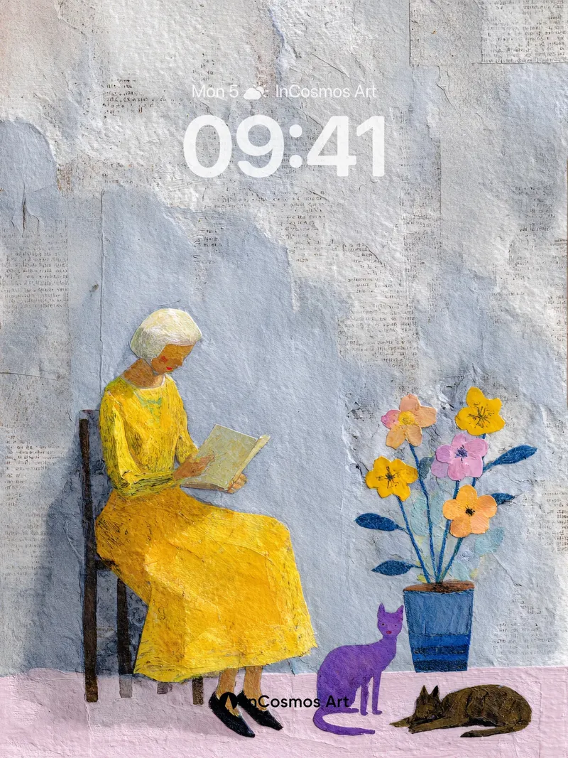 Serenity in Yellow Wallpaper with Quiet Cats