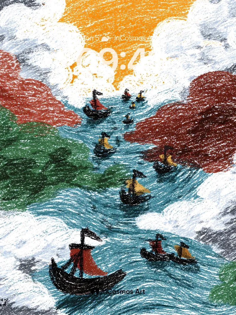 Crimson Current Wallpaper with Floating Vessels