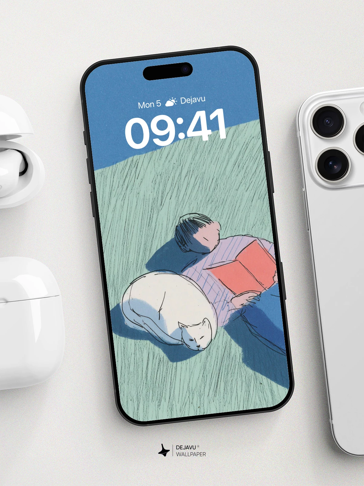 Serene Reading With Cat Wallpaper 8K for iPhone and Android