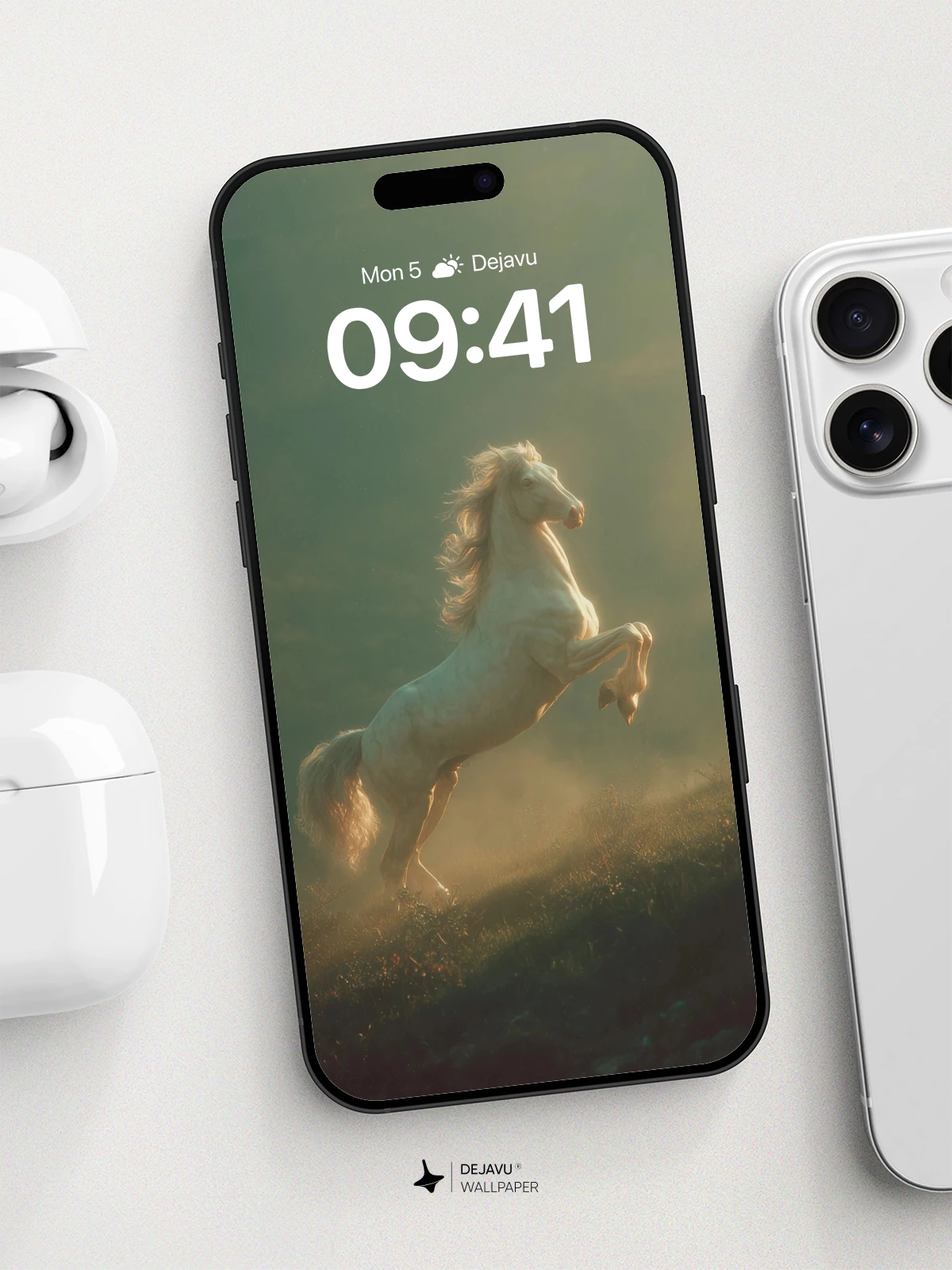 Mystic White Horse Reared in Golden Light Wallpaper 8K