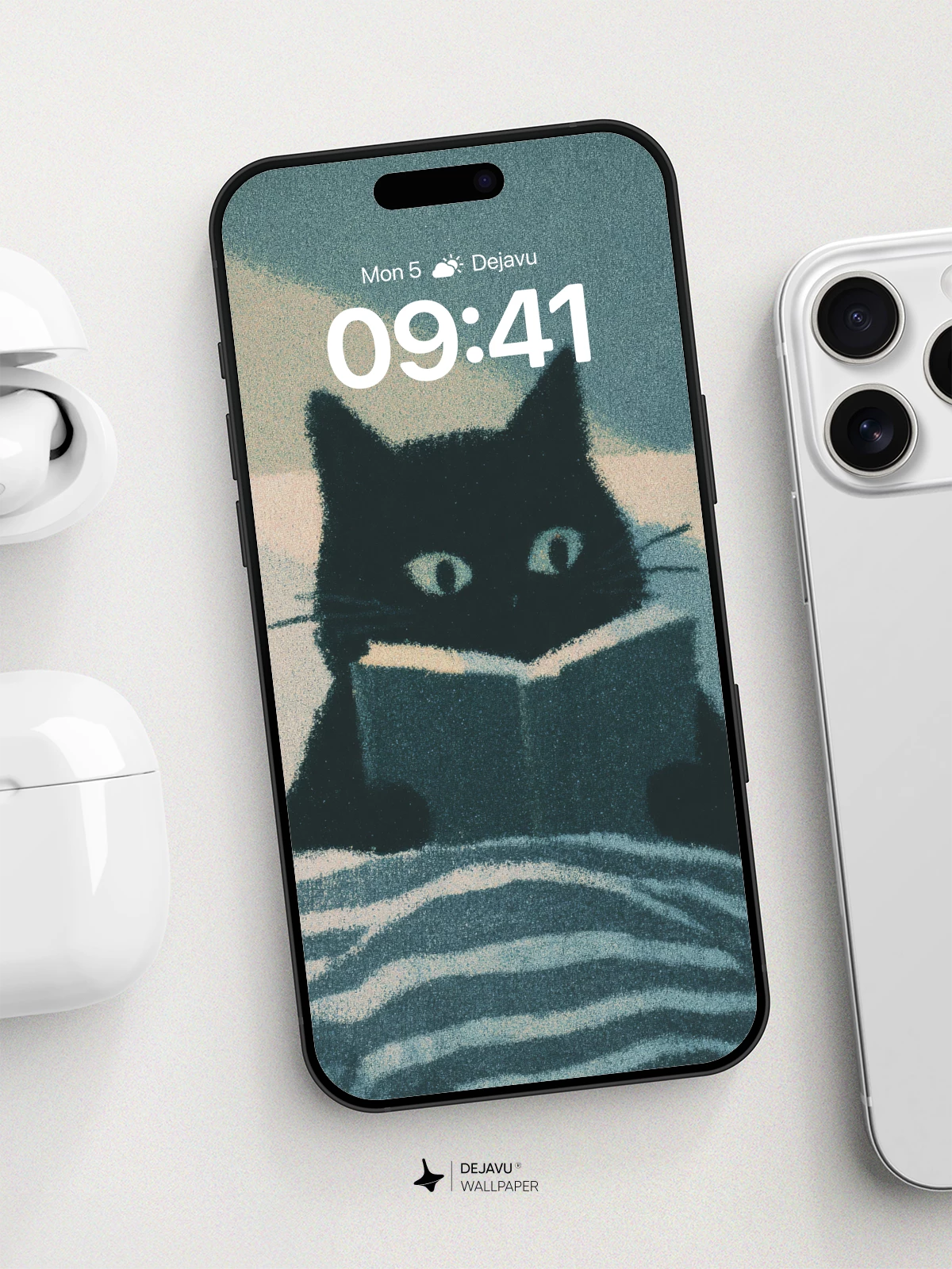 Whimsical Black Cat Reading Wallpaper 8K for iPhone and Android