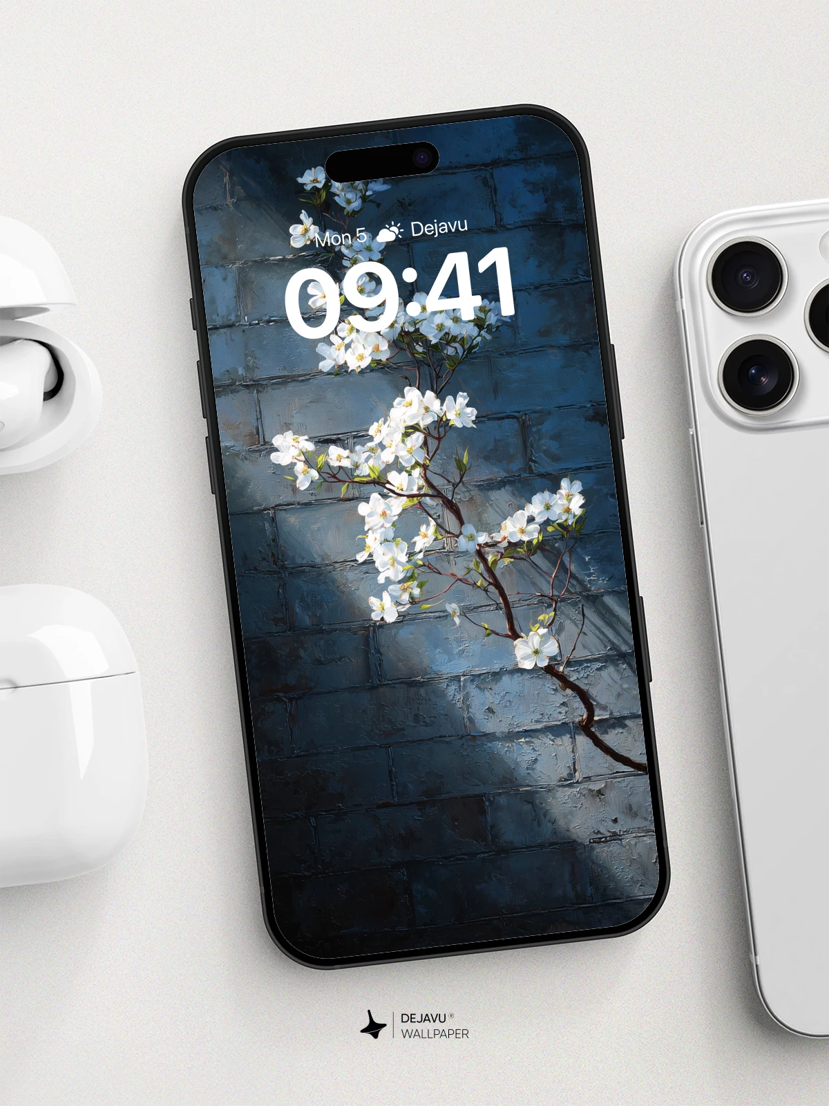 White Blossoms On Blue Brick Wallpaper 8K
