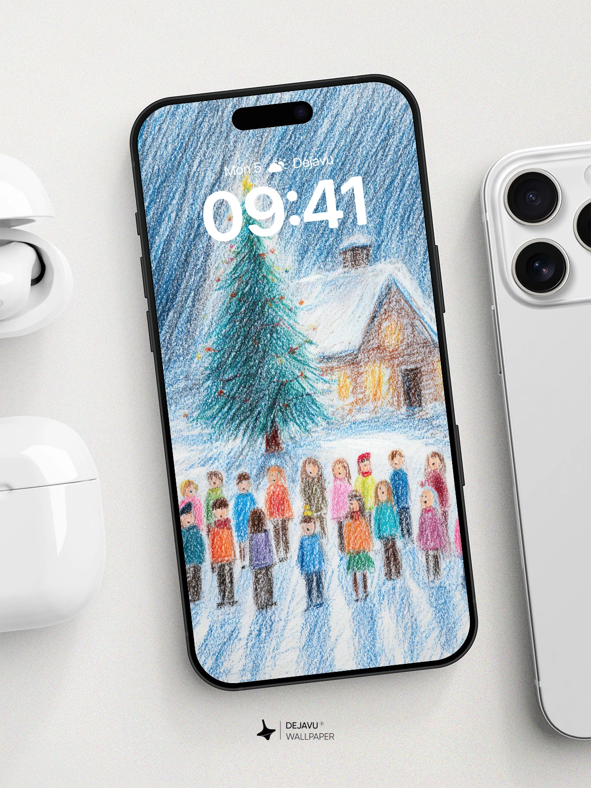 Winter Carolers Christmas Tree Wallpaper 8K for iPhone and Android