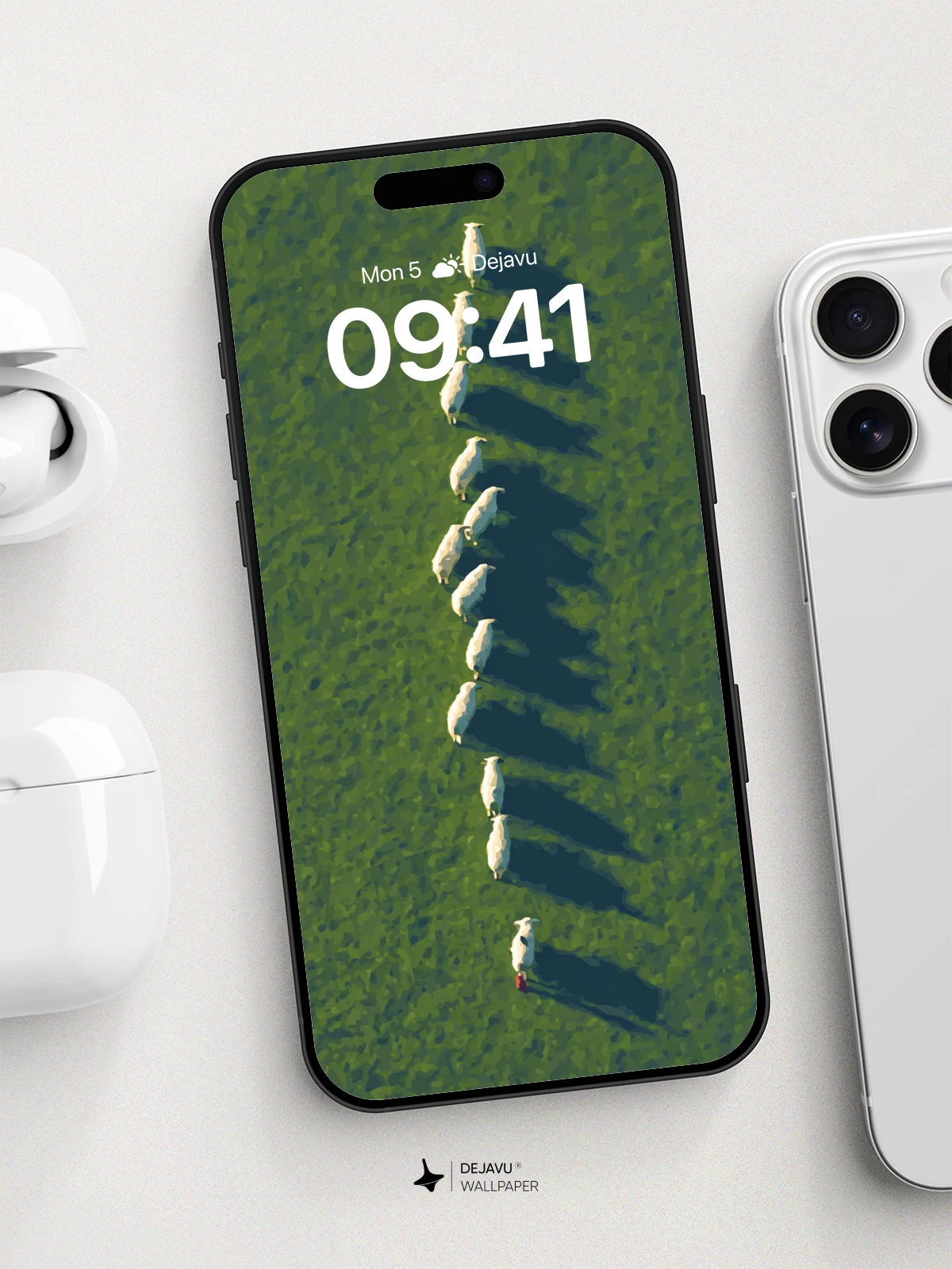 Sheep Lineup Meadow Wallpaper 8K for iPhone and Android