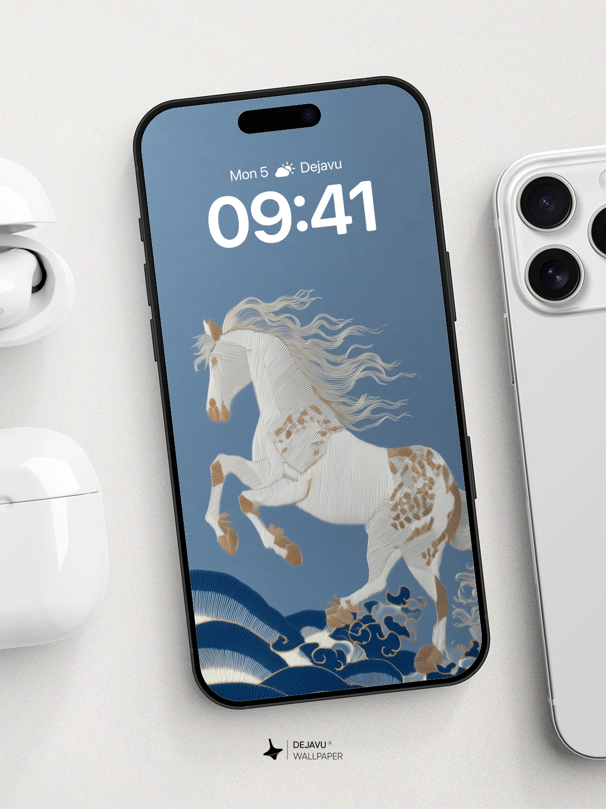 White Horse on Waves Wallpaper 8K - Elegant Japanese-Inspired Art for iPhone and Android