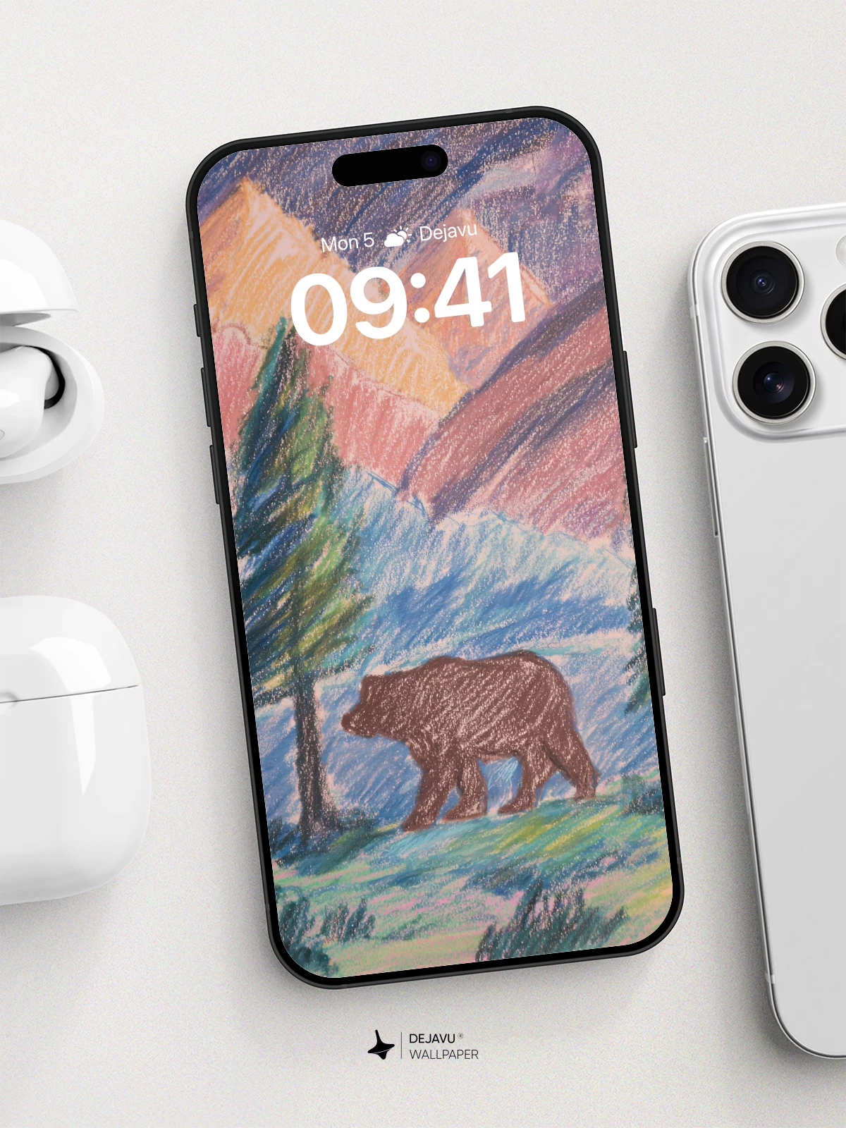 Mountain Bear Pastel Landscape Wallpaper 8K for iPhone and Android