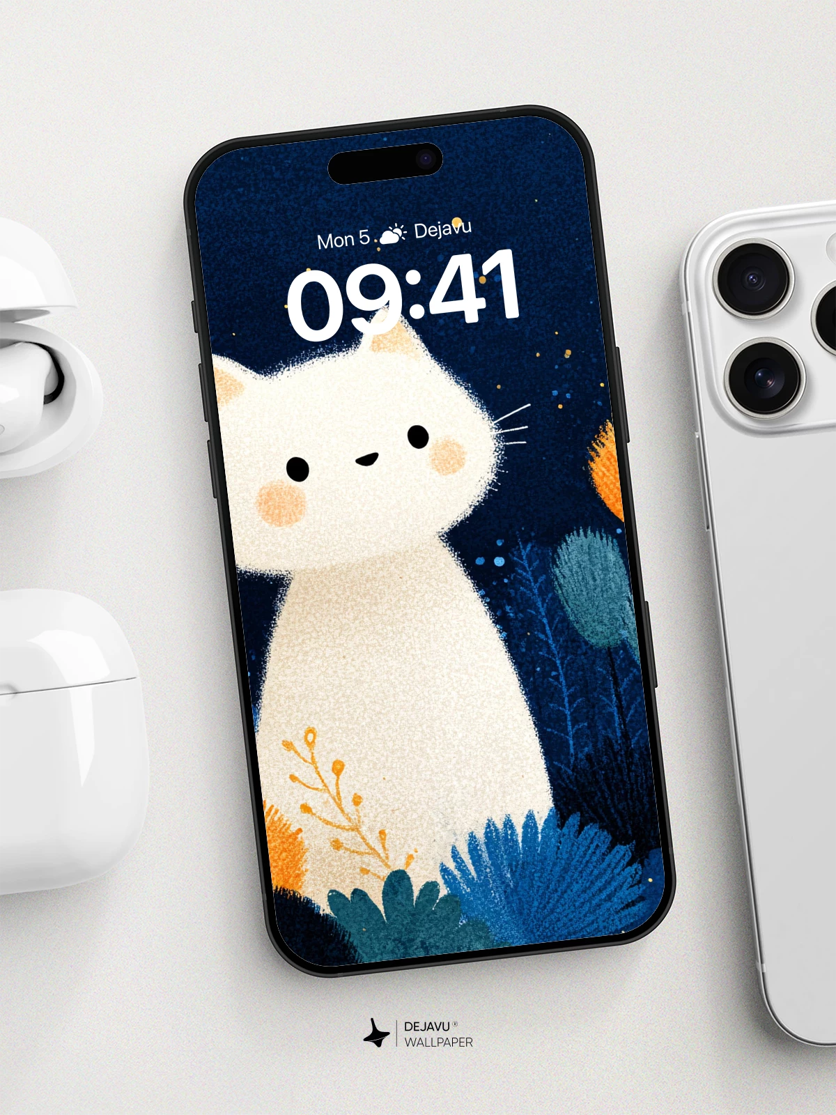 Whimsical Night Garden Cat Wallpaper 8K for iPhone and Android