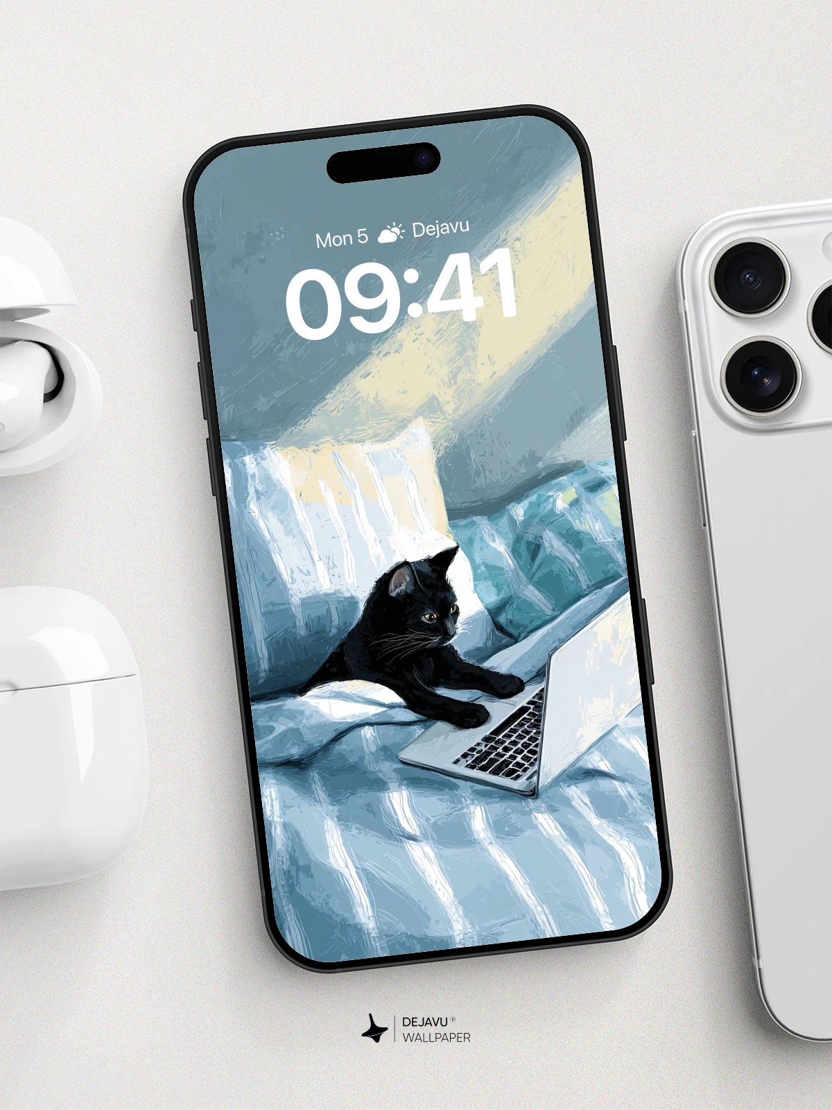 Black Cat on Laptop Bedscene Wallpaper 8K for iPhone and Android