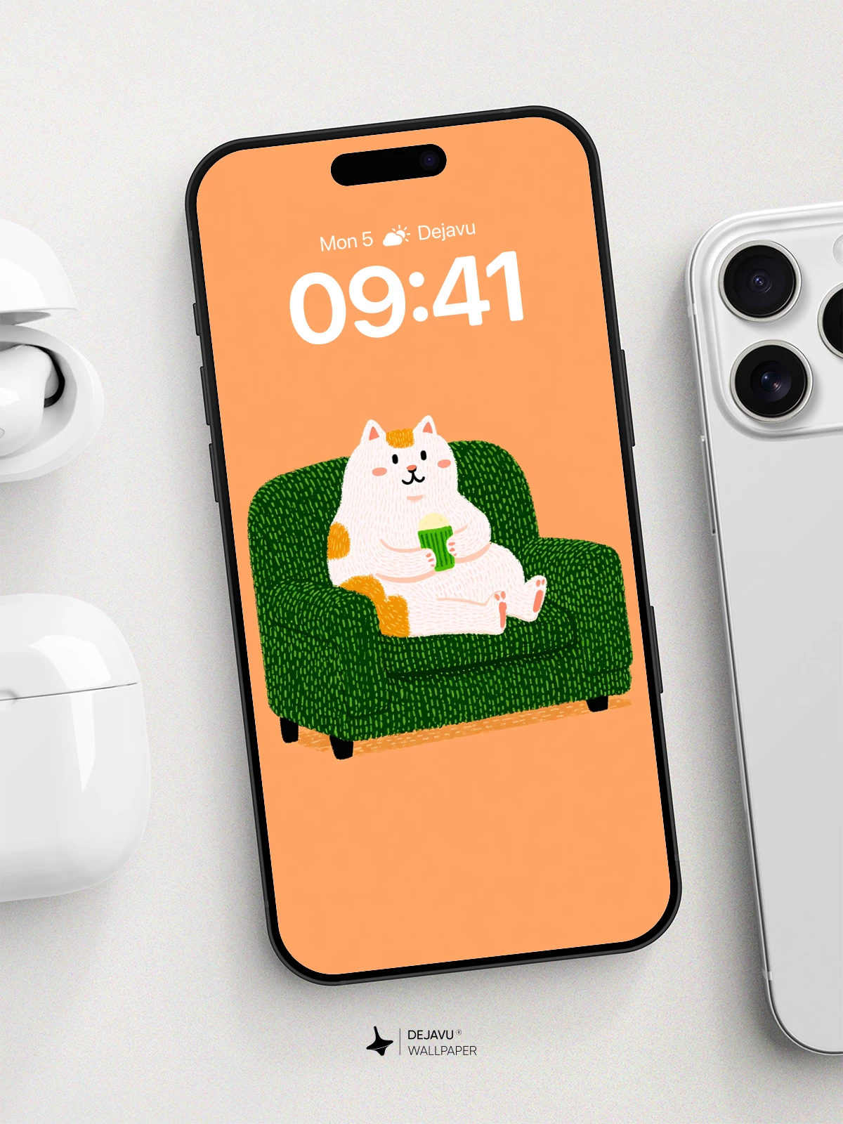 Cute Cat On Green Sofa Wallpaper 8K For iPhone And Android