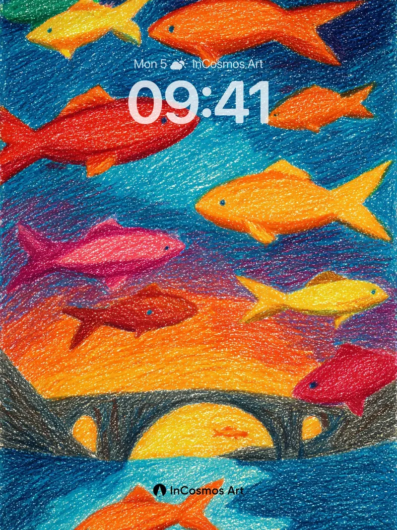 Sunset Swim Wallpaper with Floating Fish