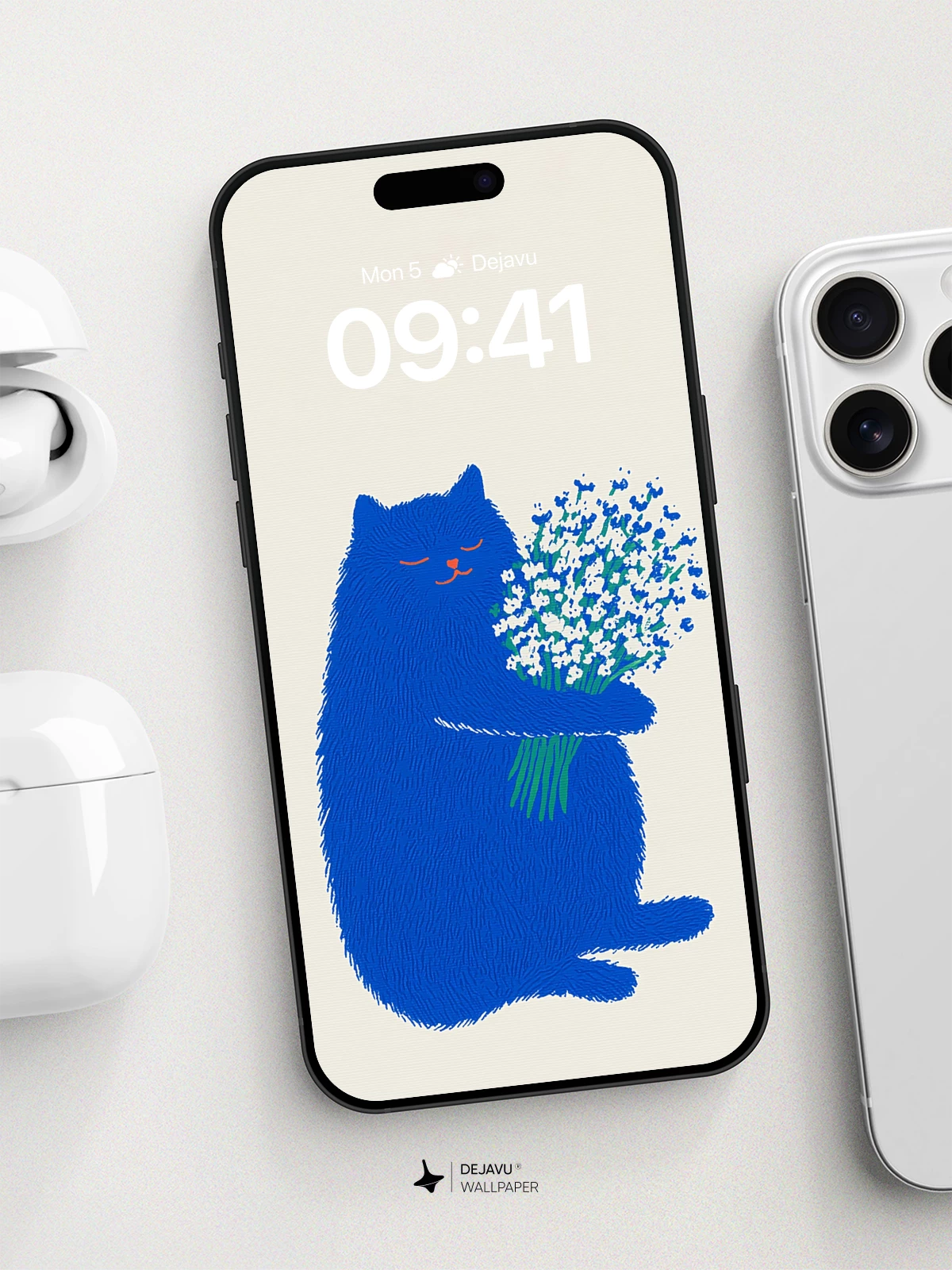 Blue Cat with Flowers Wallpaper 8K for iPhone and Android