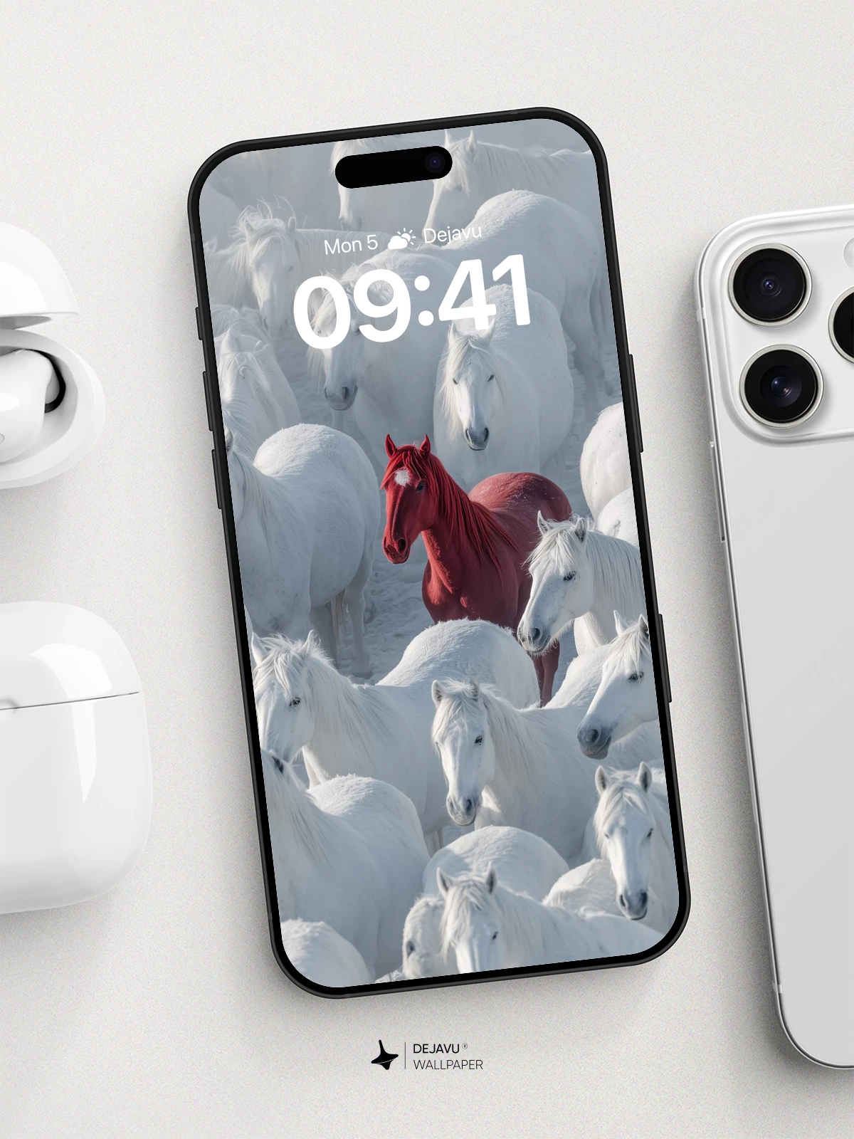 Surreal Red Horse Among White Horses Wallpaper 8K