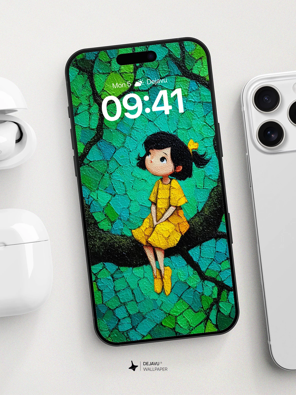 Whimsical Girl in Tree Mosaic Wallpaper 8K for iPhone and Android