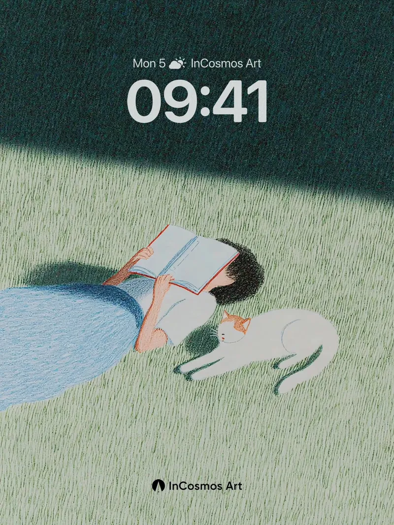 Serenity Reading Wallpaper with Feline Companion