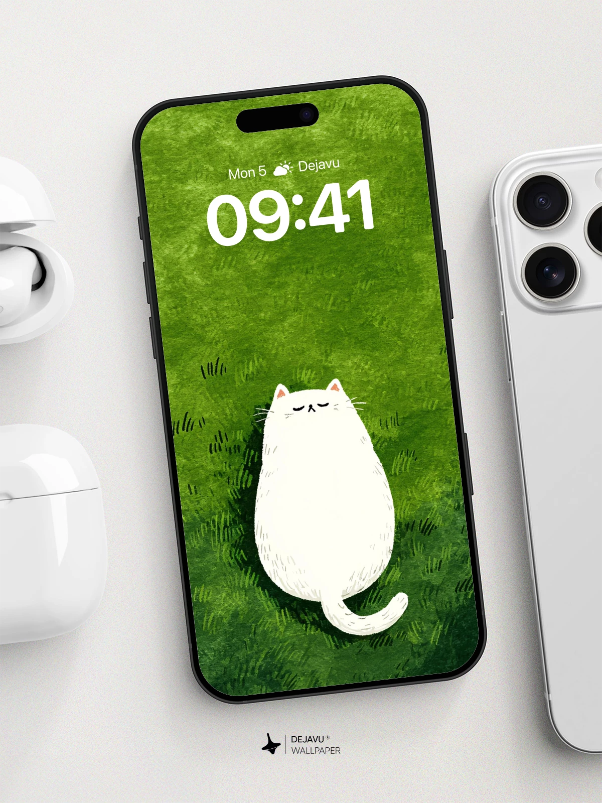 Serene White Cat on Green Grass Wallpaper 8K for iPhone and Android