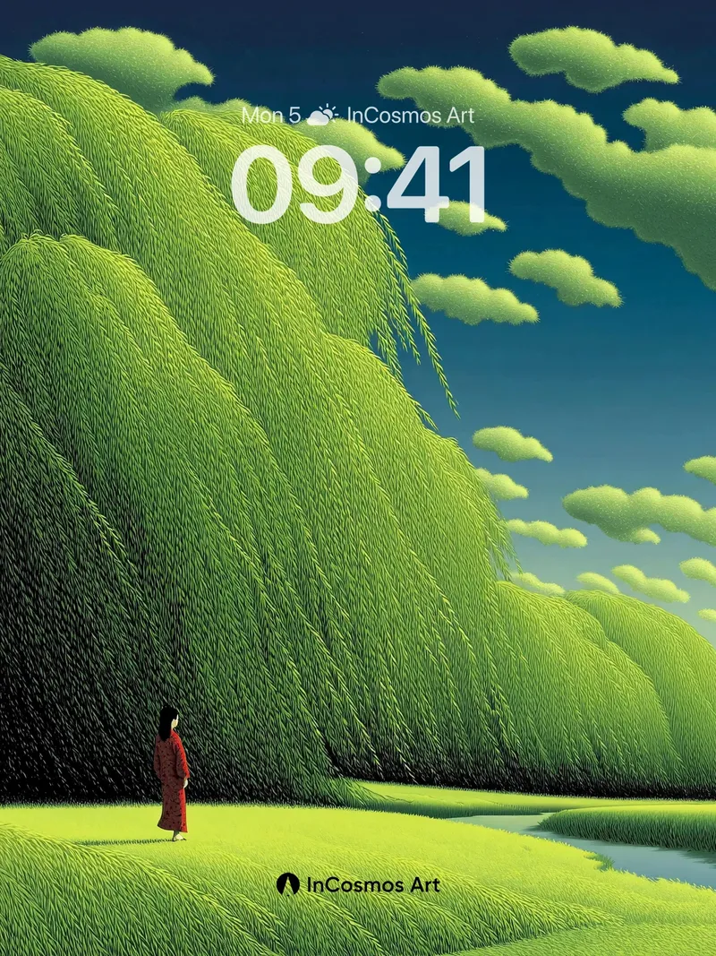 Whispering Willow Wallpaper with Emerald Skies
